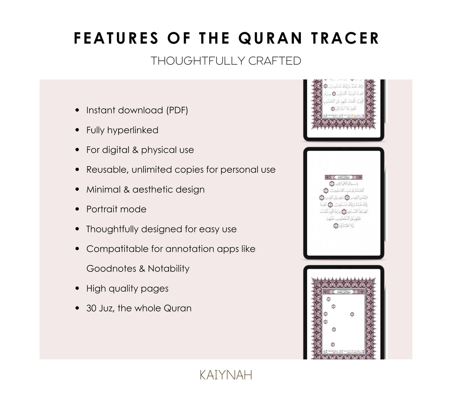 Pink Digital Quran Tracer Tajweed + Regular + Workbook (30 Juz)