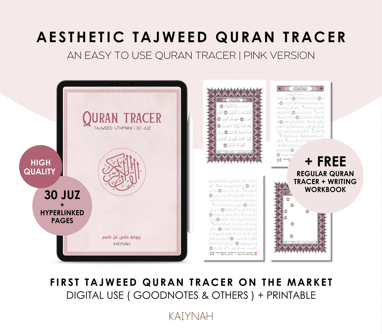 Pink Digital Quran Tracer Tajweed + Regular + Workbook (30 Juz)