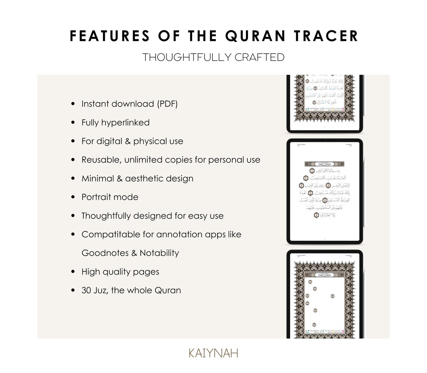 Beige Digital Quran Tracer Tajweed + Regular + Workbook (30 Juz)