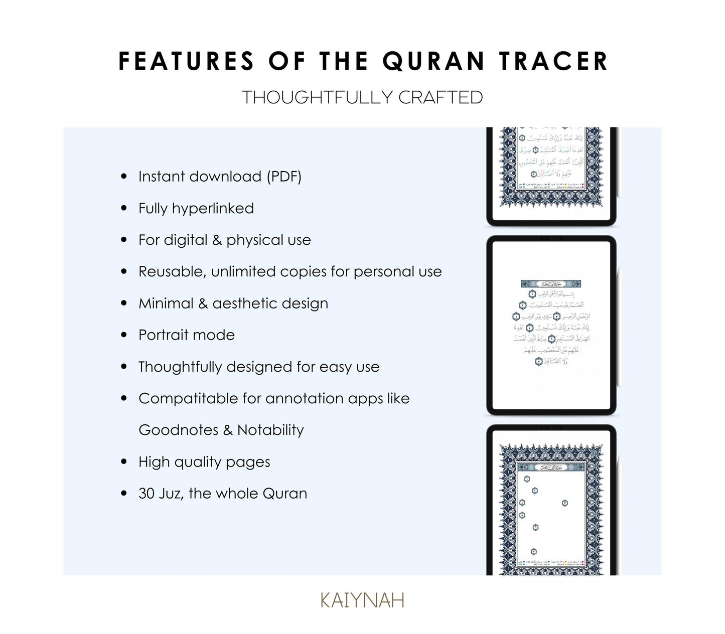 Blue Digital Quran Tracer Tajweed + Regular + Workbook (30 Juz)