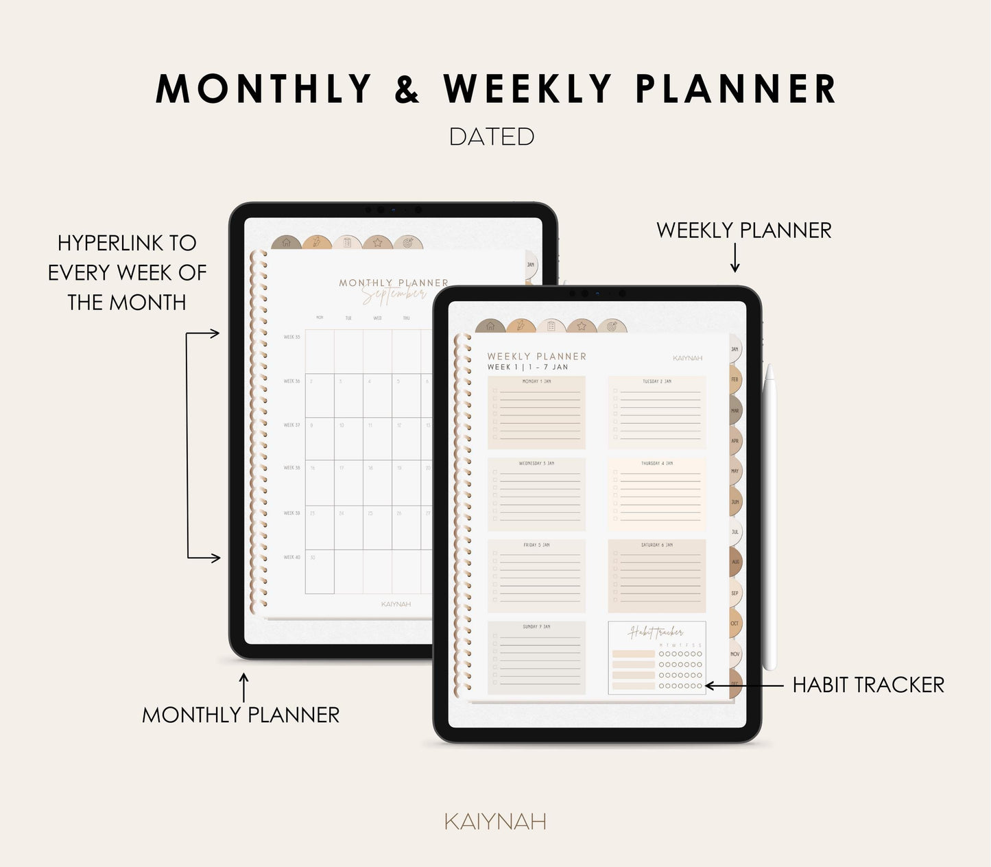 2025 Aesthetic Minimal Digital Planner Sunday + Monday Start