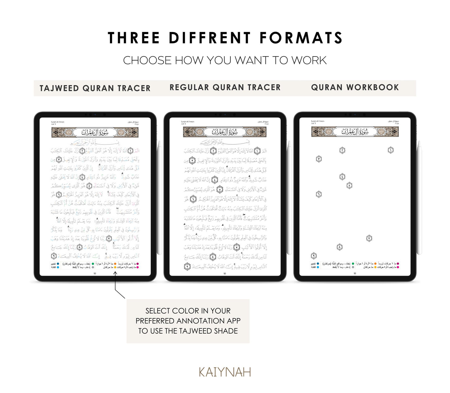 Beige Digital Quran Tracer Tajweed + Regular + Workbook (30 Juz)