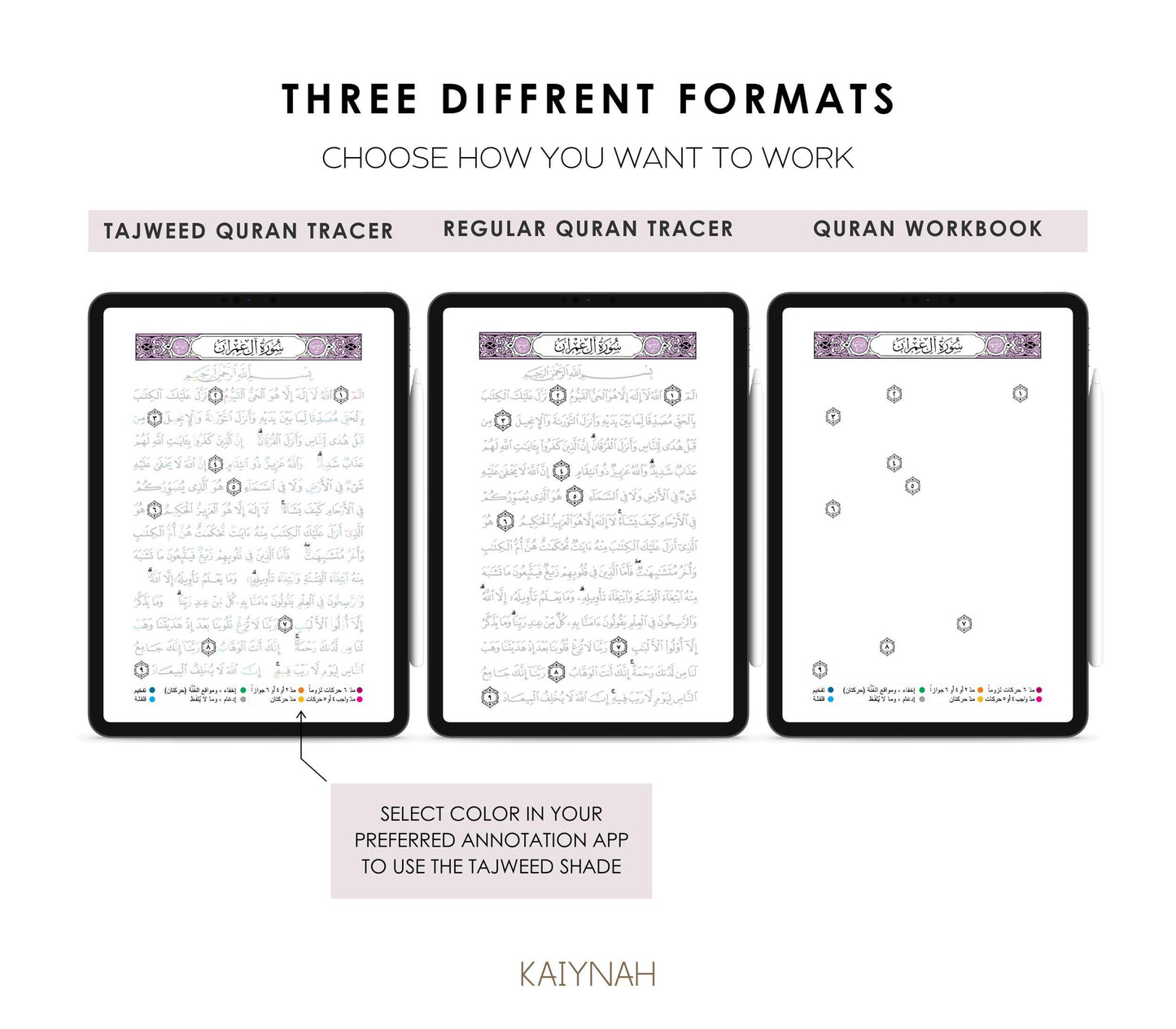 Lilac Digital Quran Tracer Tajweed + Regular + Workbook (30 Juz)
