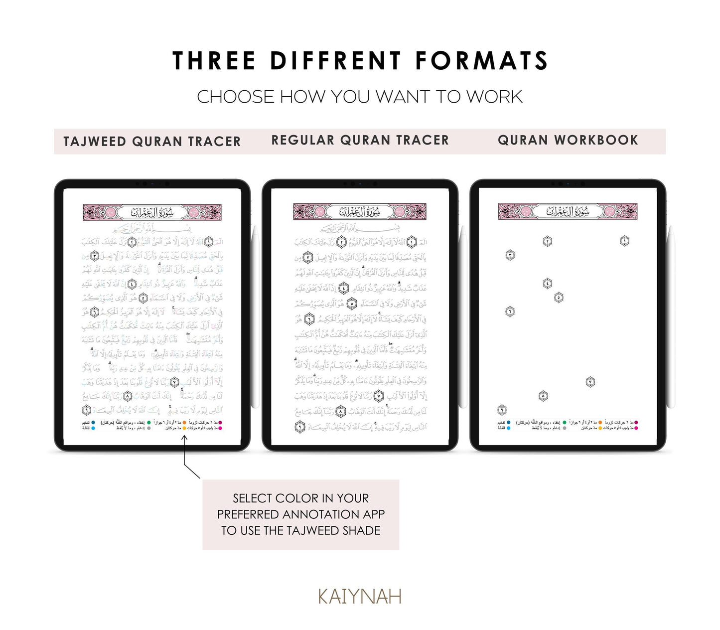 Pink Digital Quran Tracer Tajweed + Regular + Workbook (30 Juz)