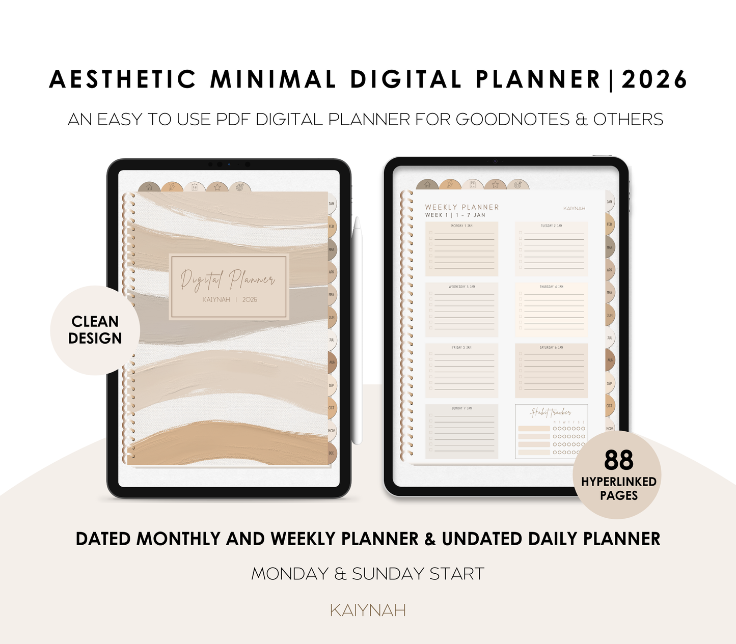 2026 Aesthetic Minimal Digital Planner Monday + Sunday Start