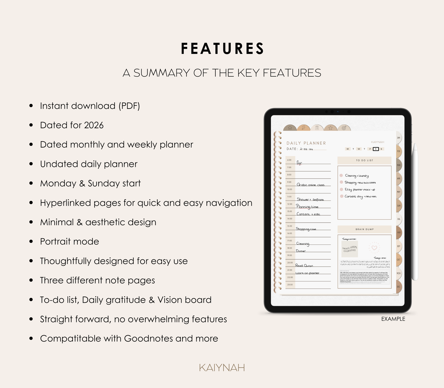 2026 Aesthetic Minimal Digital Planner Monday + Sunday Start