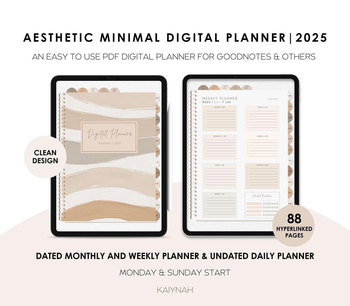 2025 Aesthetic Minimal Digital Planner Sunday + Monday Start