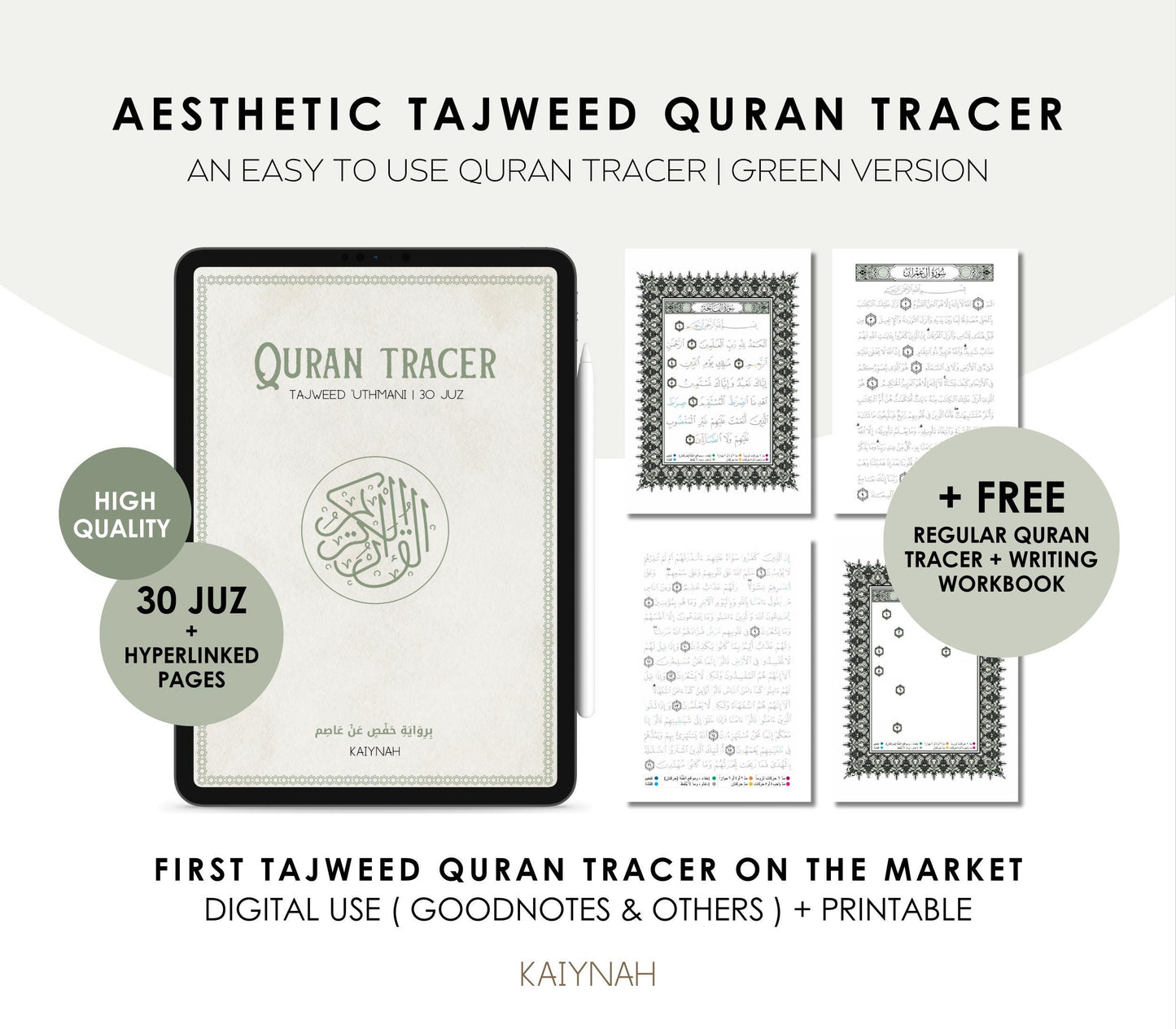 Green Digital Quran Tracer Tajweed + Regular + Workbook (30 Juz)