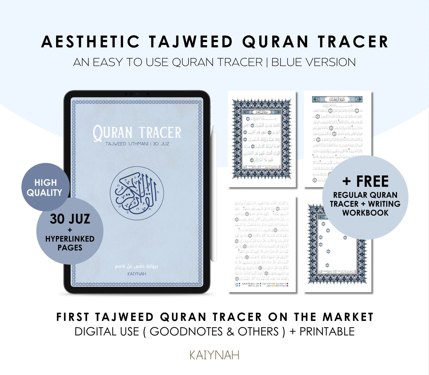 Blue Digital Quran Tracer Tajweed + Regular + Workbook (30 Juz)